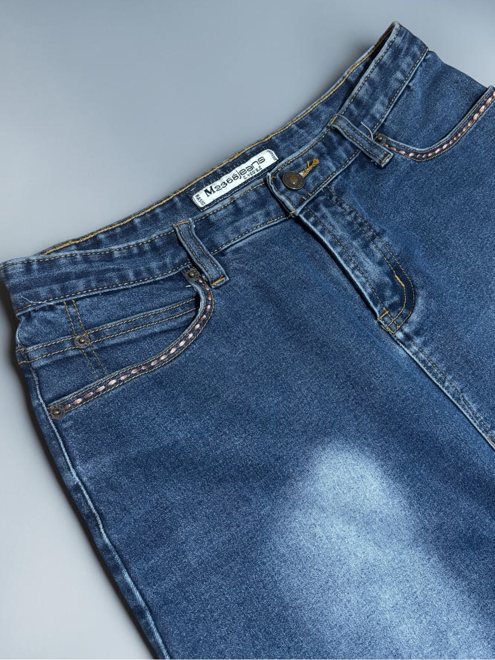 Japanese Streetwear (M) Denim Skirt M2368Jeans Quality Vintage Stitching Stretch